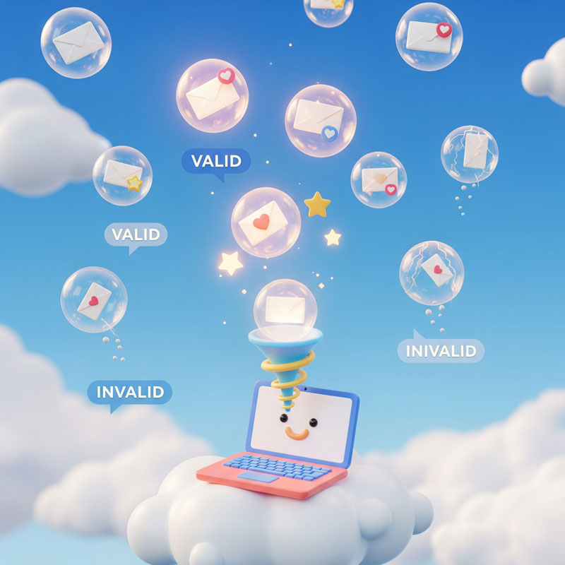 Cute 3D cartoon scene with glowing email bubbles rising into a laptop funnel while cracked bubbles fall away, symbolizing email validation.